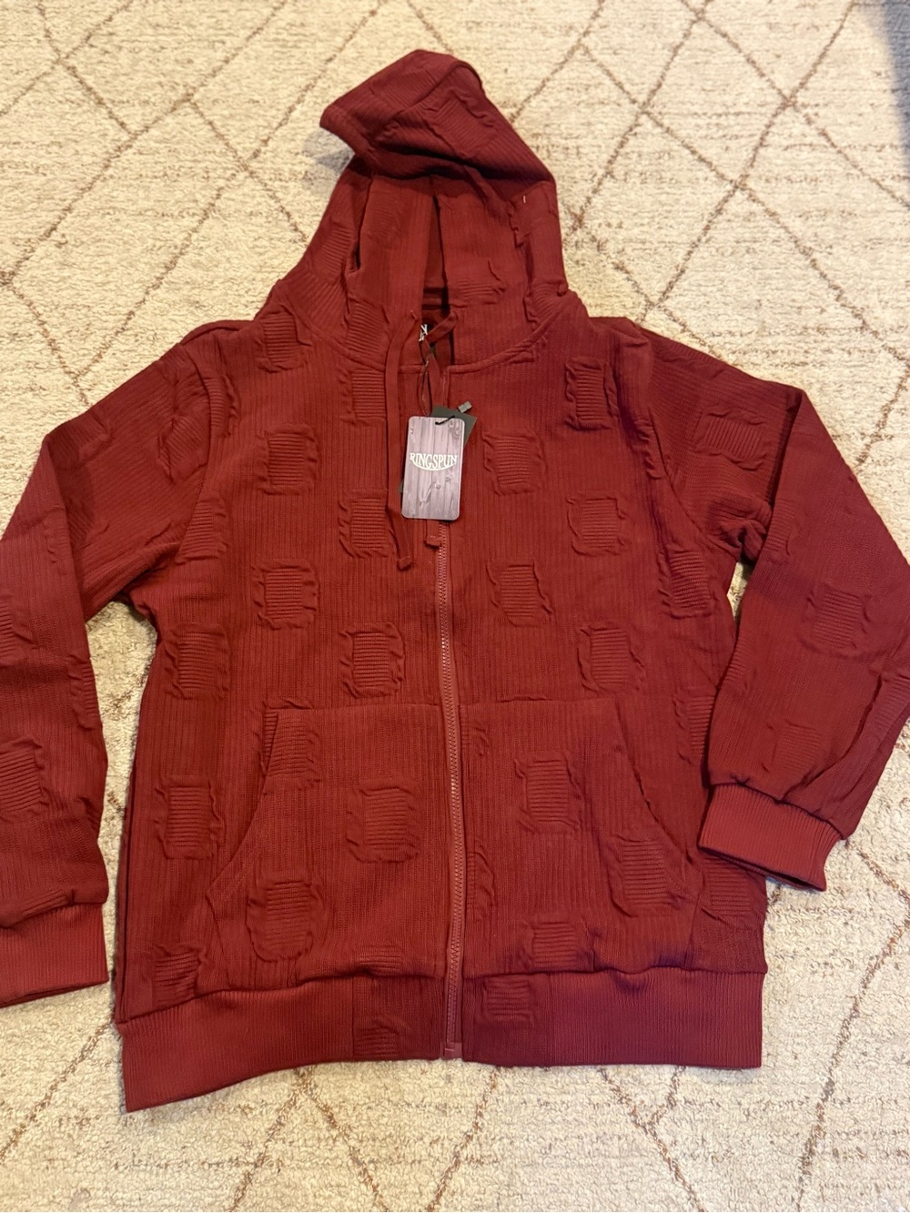 RingSpun Jacquard Zip Jacket Men’s Medium Burgundy Distressed Hooded NWT
